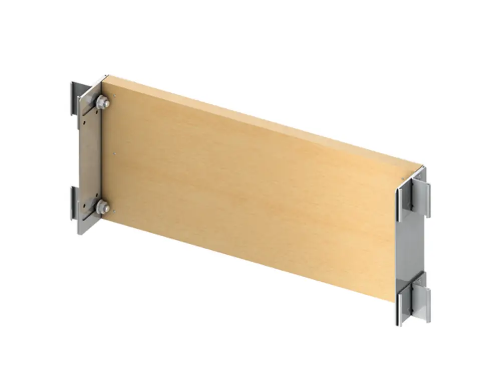 Befestigungsplatte mit Holzverkleidung und Metallrahmen zur Montage von UP-Armaturen, hergestellt von TECE.